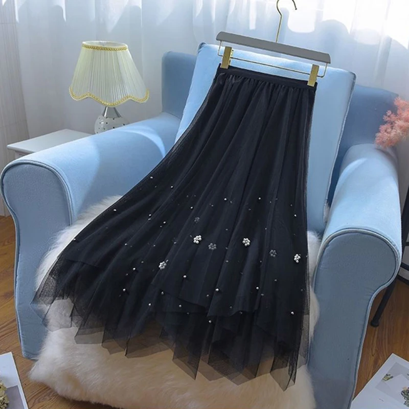MEXZT Irregular Tulle Midi Skirt Women Vintage Elegant Beading Mesh Black Pleated Skirts Korean Aesthetic Casual A Line Skirt