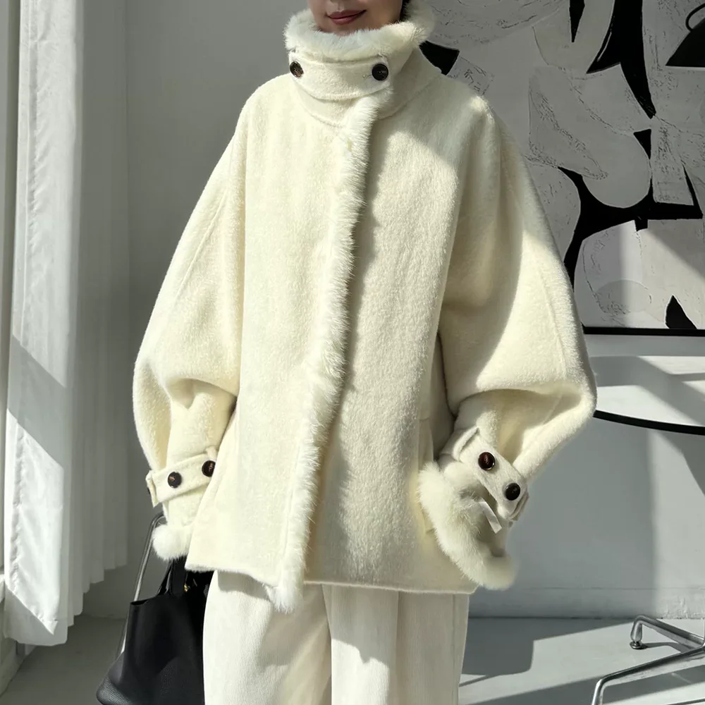 High-end stand-up collar short double-sided wool collar with fur sleeves and off-white woolen coat for autumn and winter