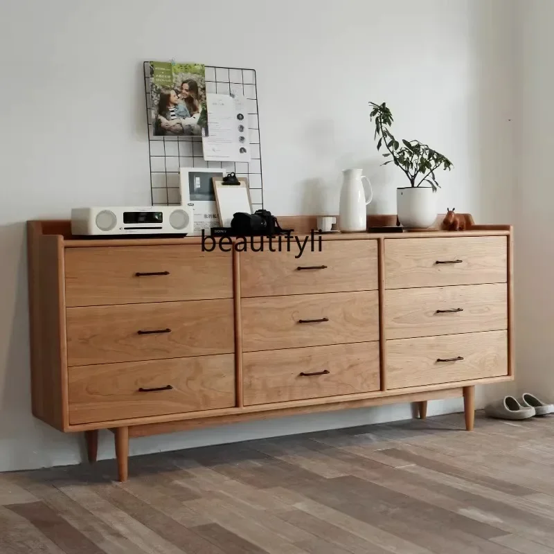 

07Nordic Solid Wood Nine-Drawer Cabinet Simple Hallway Entrance Sideboard Cabinet Japanese Log Bedroom Drawer Storage Cabinet