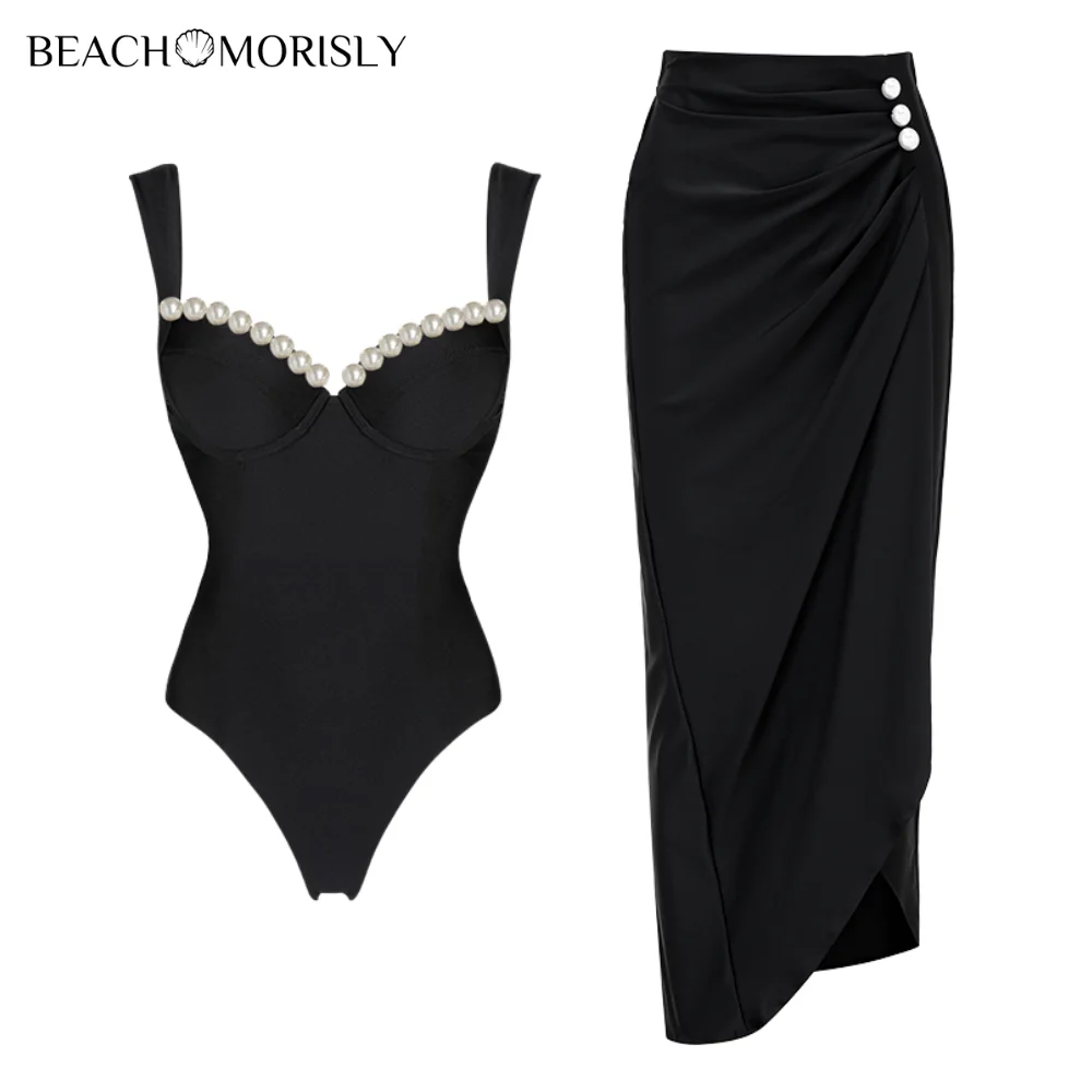 2024 Swimsuit and Skirt Halter Artificial Pearl Chain One Piece Women Vacation Beachwear Bathing Suit Summer Swimwear