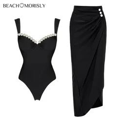 2025 Verão Sexy black Pearl One Piece Swimsuits set Verão Swimwear E Saias Cor Sólida Beachwear Maiô de duas peças