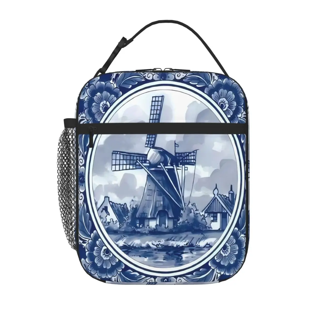 Bestselling DUTCH BLUE DELFT Vintage Windmills And Trees Ruffled Adult Lunch Bag Park Picnic Sports Lunch Bag