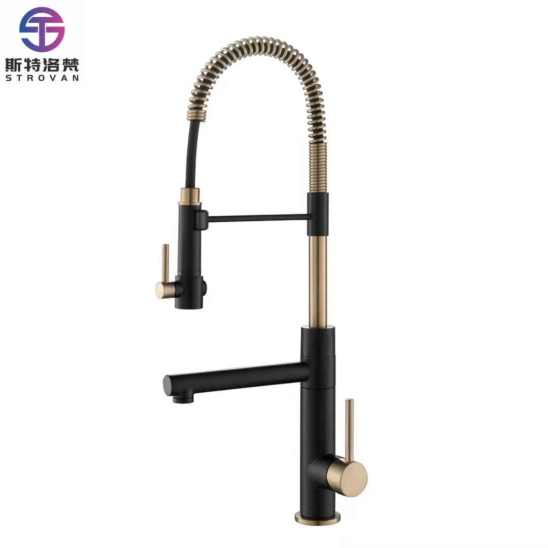 

Luxury Pull Down 304 Stainless Steel Black&Gold Pull Out Spring Kitchen Sink Faucet for Kitchen