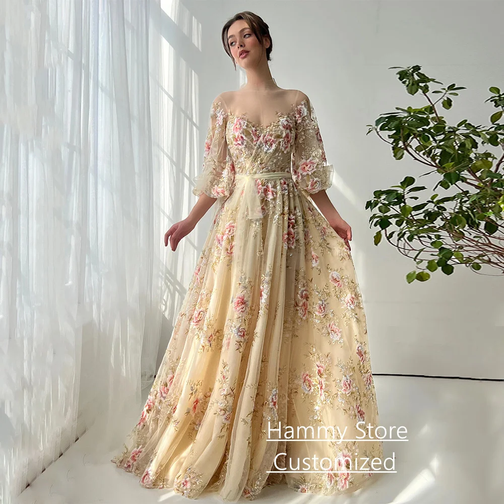 Vestido de noite bordado exclusivo com flores, mangas bufantes personalizadas, transparente, gola redonda, renda com lantejoulas, linha, vestido de festa de formatura