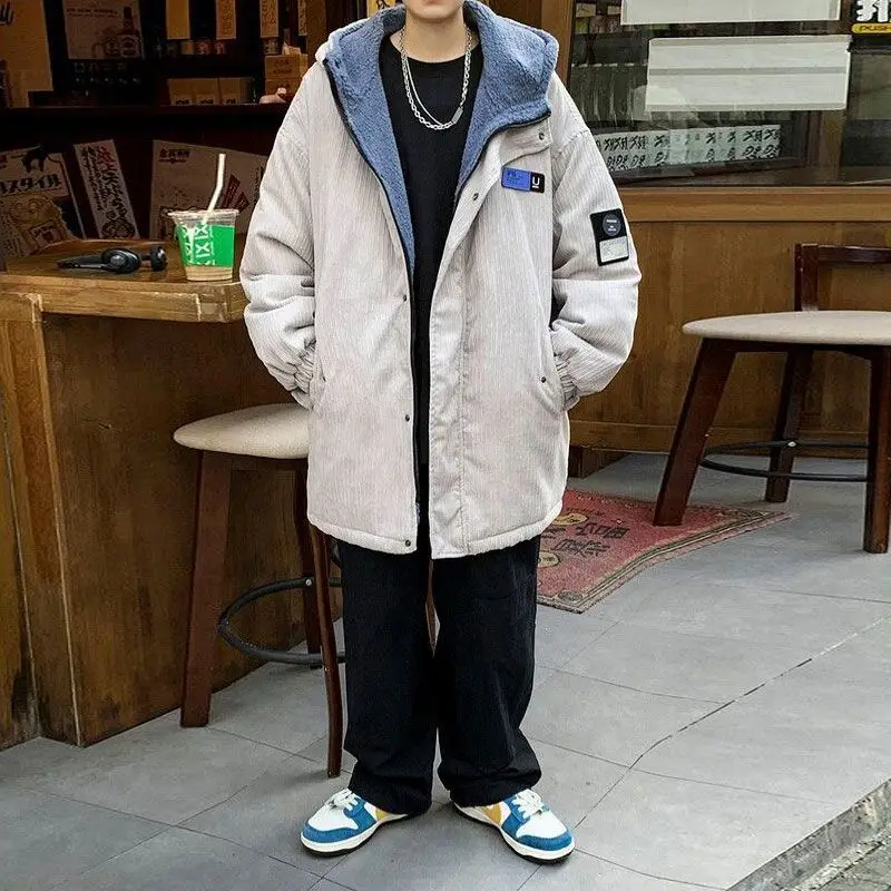 Veste rembourrée en velours côtelé pour homme, manteau à capuche, doublure polaire décontractée, fermeture éclair mi-longue, résistant à l'usure, beau Parkas épais de rue