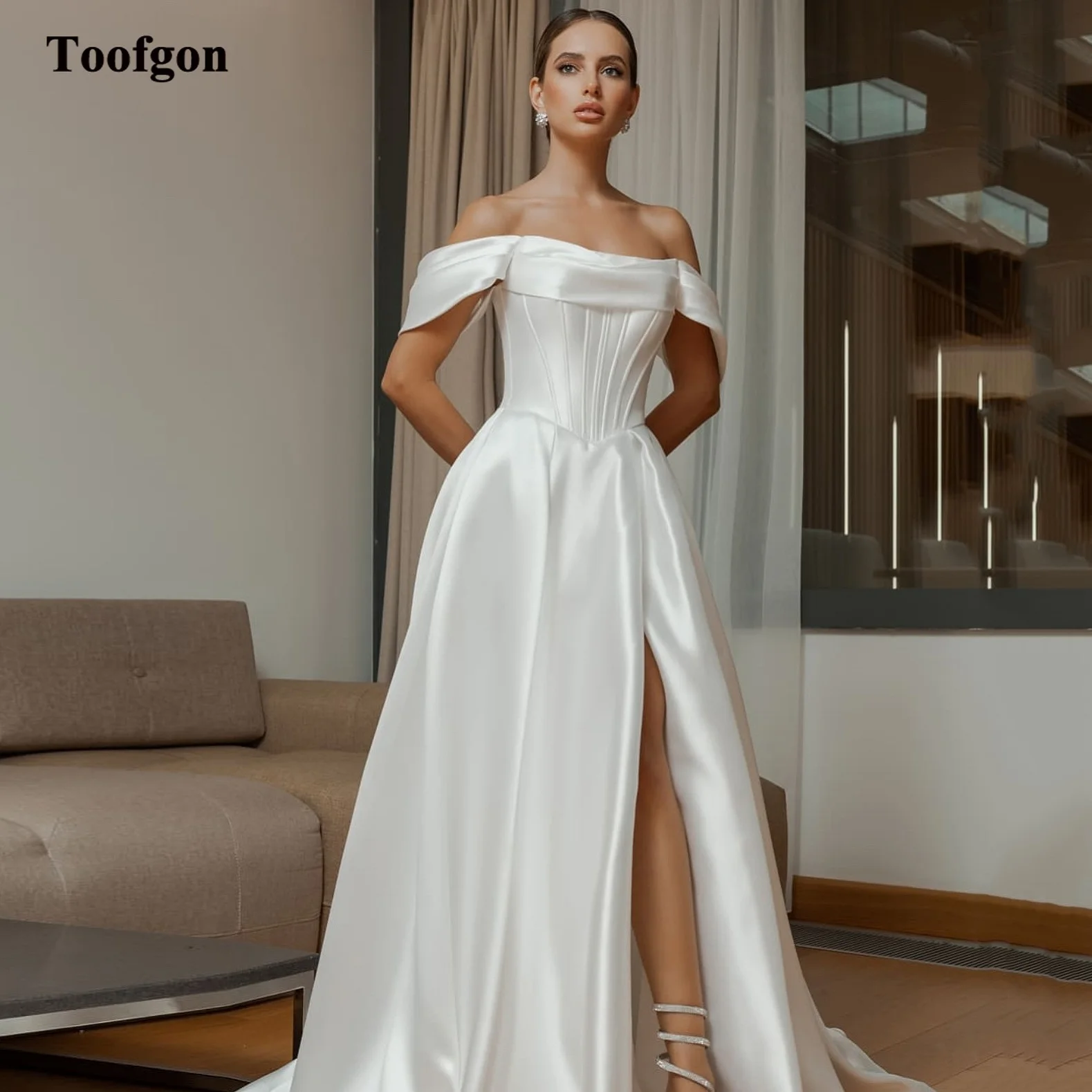 Toofgon A Line Satin Bride Wedding Gowns Customized Off Shouldet Wedding Photography Bridal Gowns Slit Corset Formal Party Dress