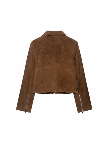 Imagen 2 del producto Chaqueta corta Vintage de gamuza para mujer, chaqueta corta con solapa de manga larga y cremalleras, prendas de vestir para mujer, ropa de calle elegante para mujer 2025