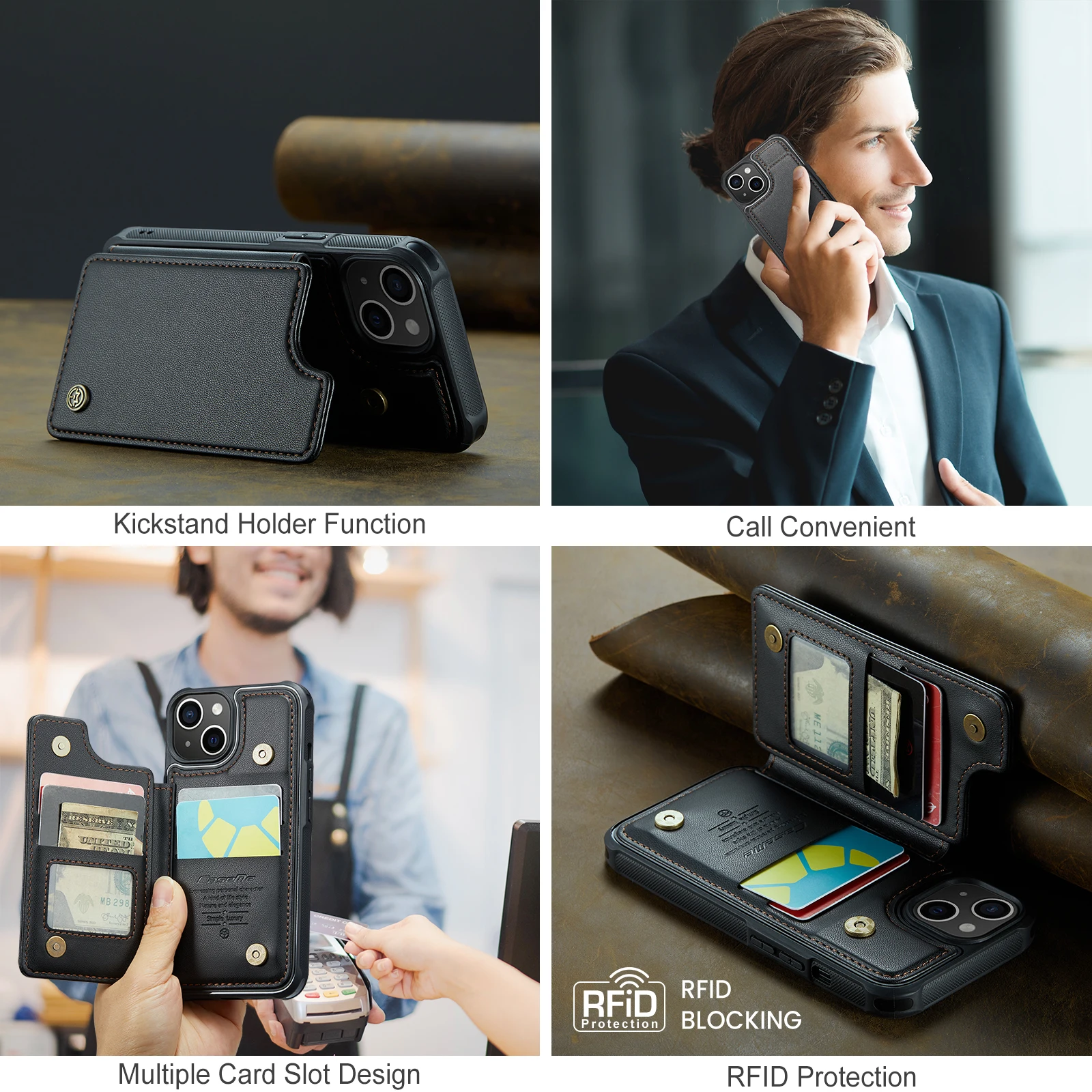 For Apple iPhone 16/15/14/13/12/11 pro max Wallet Phone Case with Card Slots Kickstand Flip PU Leather Covers