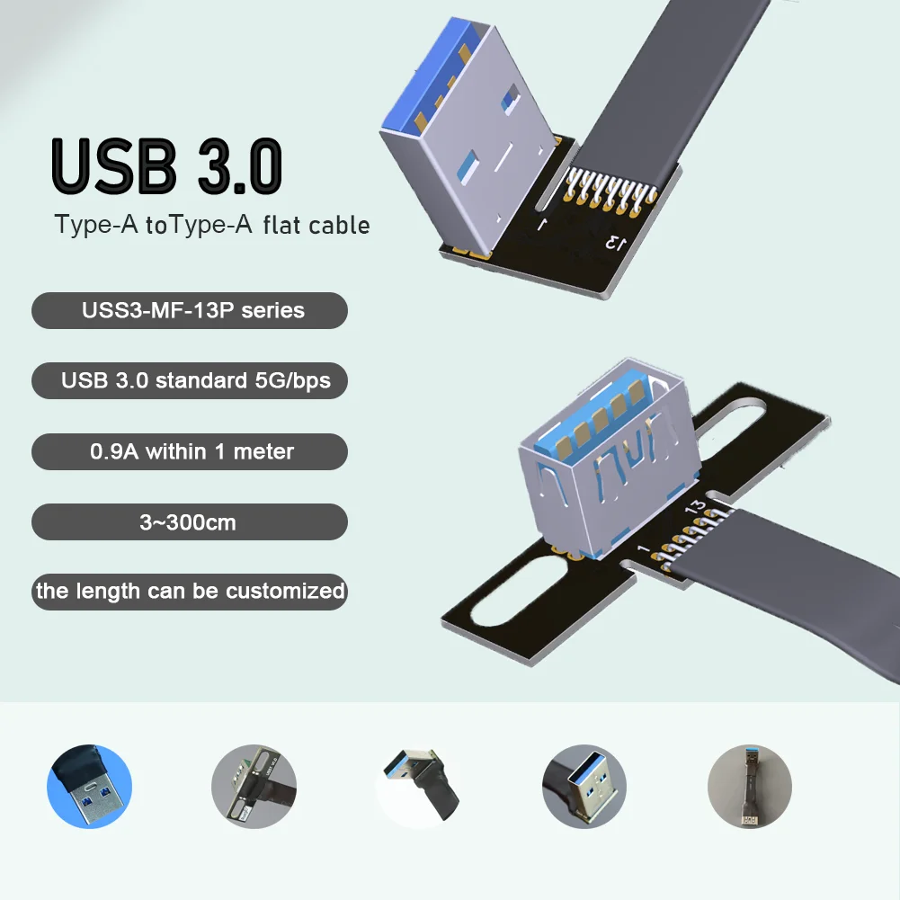 USB 3.0 Type A Flat Extension Cable Male To Female Data Cable double Angle USB3.0 Extender Cord for PC TV USB Extension Cable