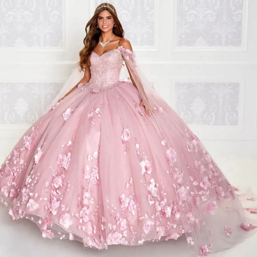 Robes de mariage de couleurs personnalisées, robe de RhQuinceanera, appliques de fleurs 3D en dentelle, perles avec cape, Sweet 16, Mexique