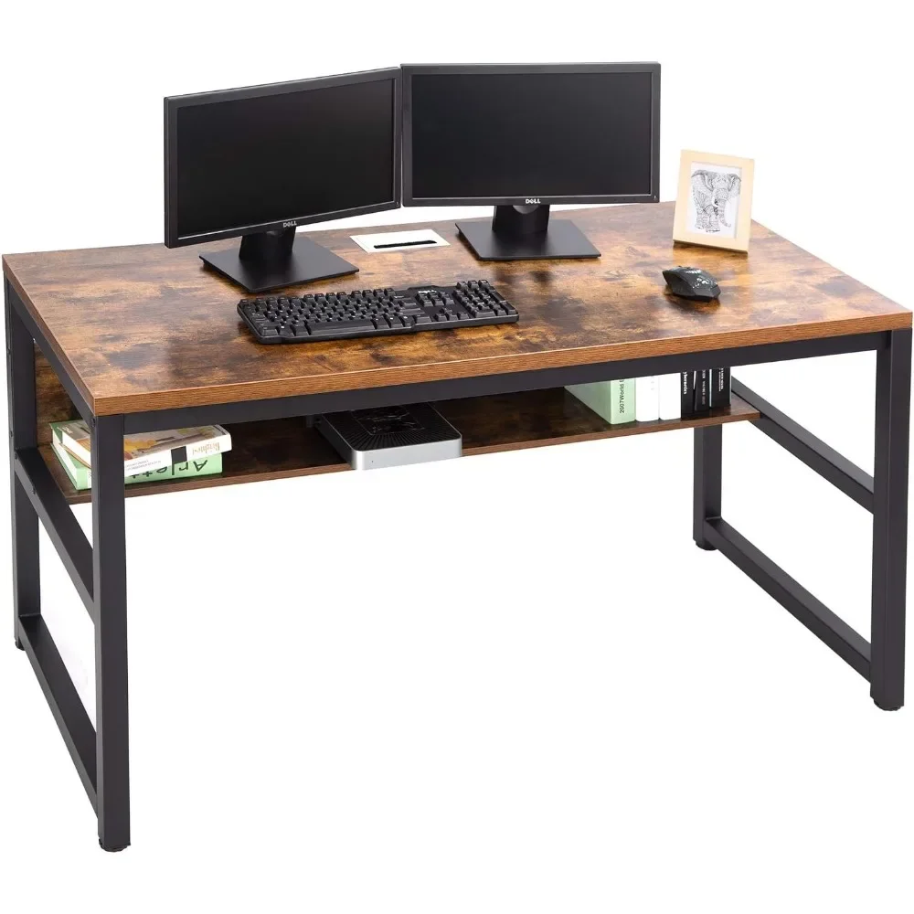 Computer Desk with Bookshelf/Metal Hole Cable Cover 1.18 Thick Desk (55, Rustic Brown)
