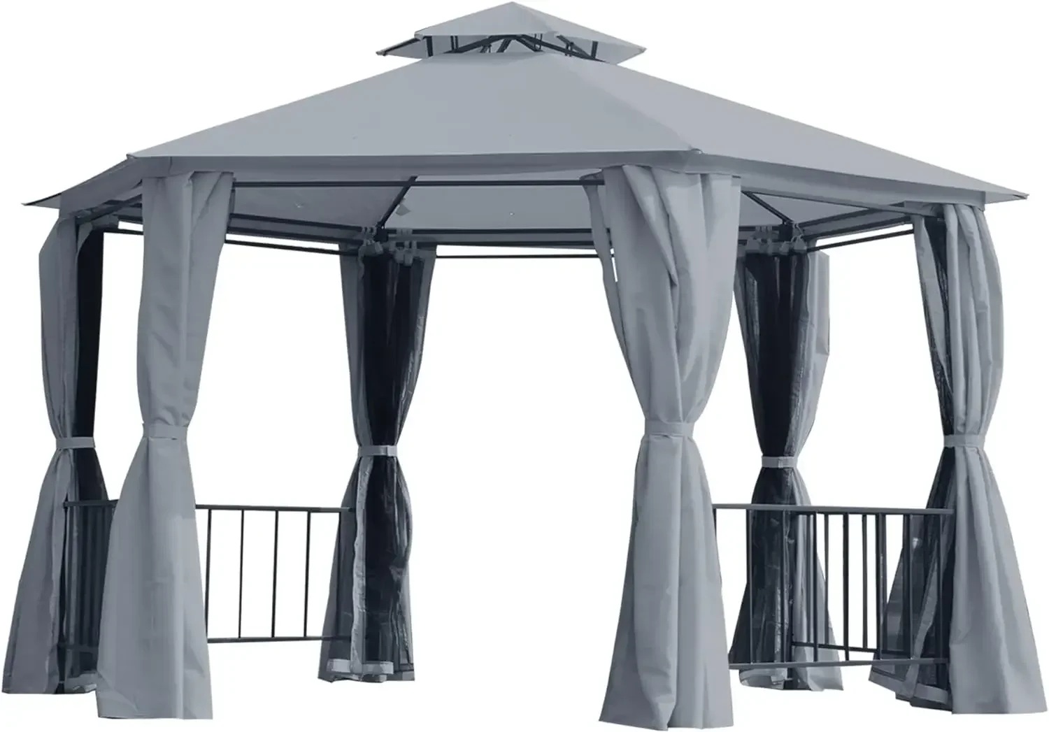 # l 13' x 13' Patio Gazebo, Double Roof Hexagon Outdoor Gazebo Canopy Shelter with Netting & Curtains, Solid Steel Frame for Gar