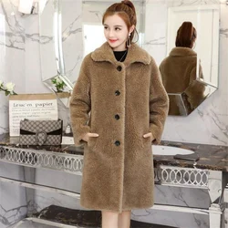 Sheep Cut Velvet Coat for Women Mid Length 2023 Winter New Loose Fitting and Thickened Lapel Particle Wool Faux Fur Female Coat