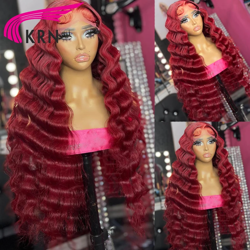 

KRNRed Burgundy Brazilian Lace Front Human Hair Wigs 180% Deep Wave 13x4 Transparent Lace Frontal Wig Preplucked 5x5 Closure Wig