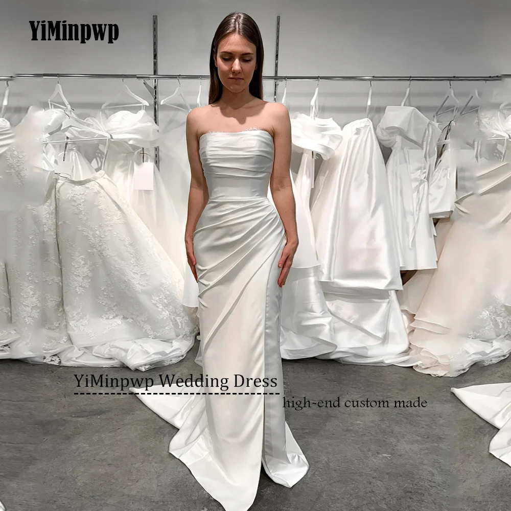 Sexy sem alças vestidos de casamento plissado cetim sereia personalizado nupcial crescido destacável mangas compridas lado split vestido de noiva