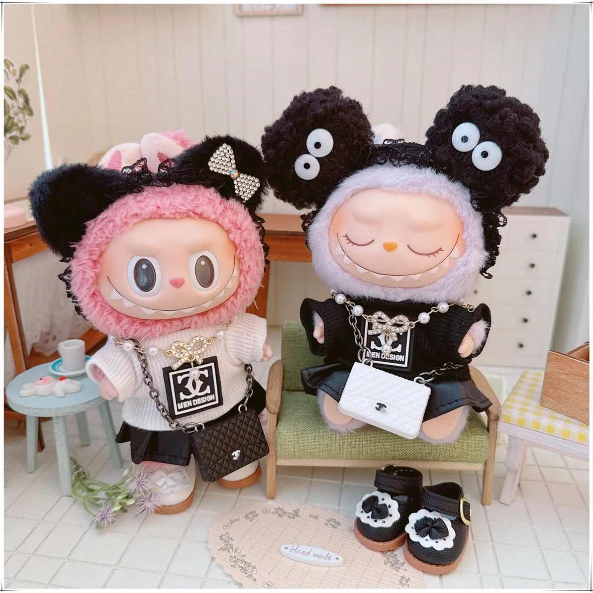 

10-17cm Labubu Clothes Idol Doll Cute T-shirt Pearl Necklace Skirt Set Labubu V1 V2 Plush Doll Clothing Accessories Toys Gifts