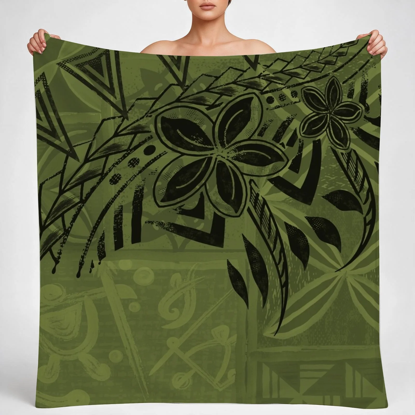 Old Samoa Emerald Green Tribal Throw Blanket couch cozy soft plush fuzzy picnic outdoor blanket