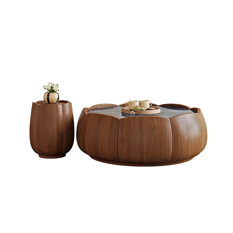 

Medieval style marble coffee table wabi sand wind household special-shaped solid wood storage living room designer petal edge