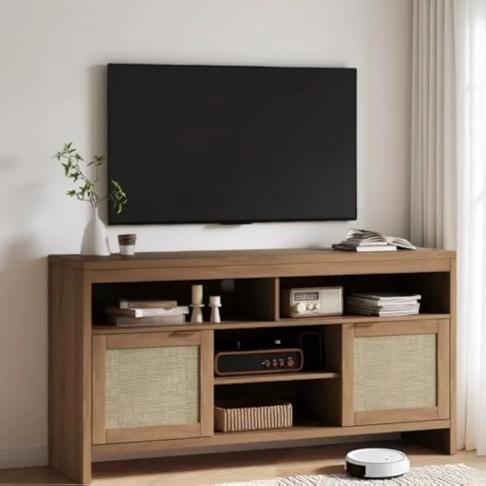 

Boho TV Stand for TV up to 65 Inch,58"Modern Rattan Entertainment Center with Storage and Adjustable Shelves,Wooden Media TV Con