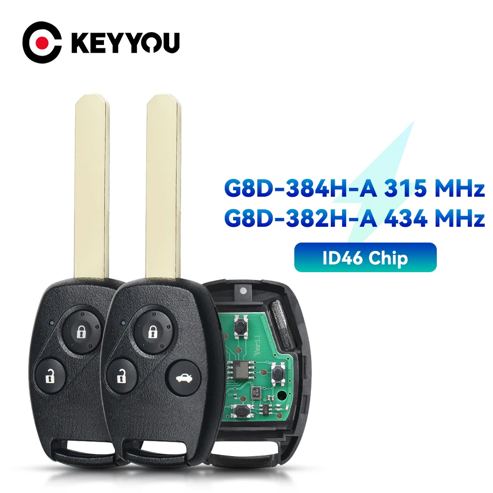 KEYYOU G8D-380H-A/G8D-382H-A/G8D-384H-A Remote Smart Car Key For Honda Accord CRV Odyssey Jazz 313.8/315/433.92Mhz ID46 Chip