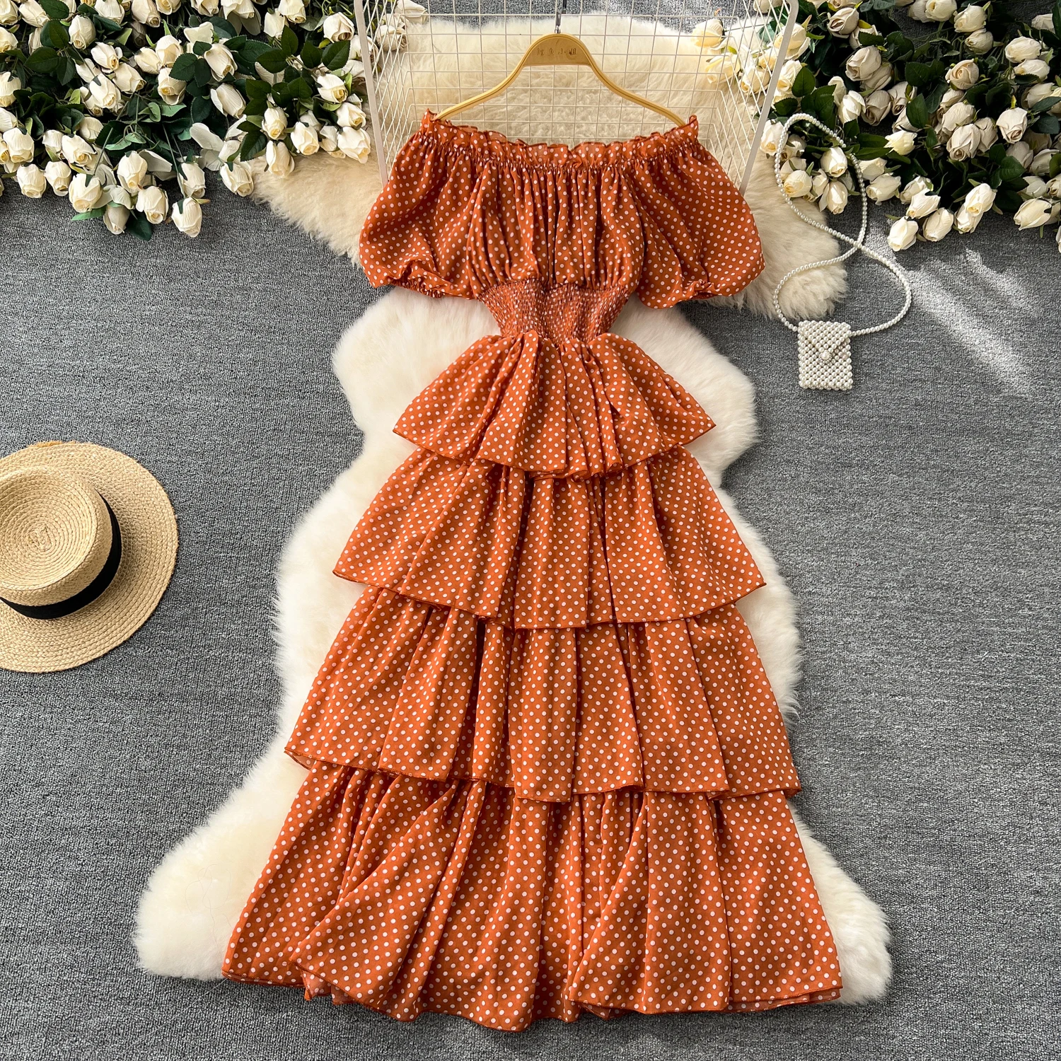 

Vintage Elegant Pleated Slash Neck Short Sleeve Dot Print Tiered Dress A-line Fashion Spring Autumn Beach Vestidos Women Dresses