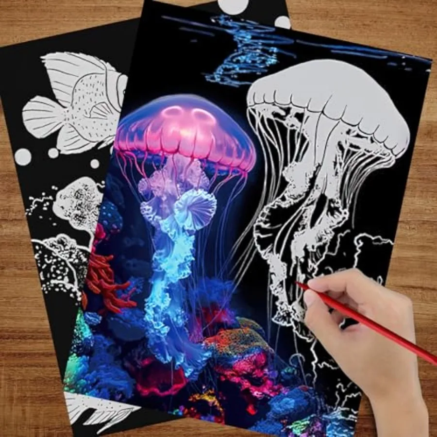 Scratch Art for Adults and Teens, 4 Sheets Glow in The Dark Rainbow Scratch Paper, Beautiful Night View Scratch Painting Seabed