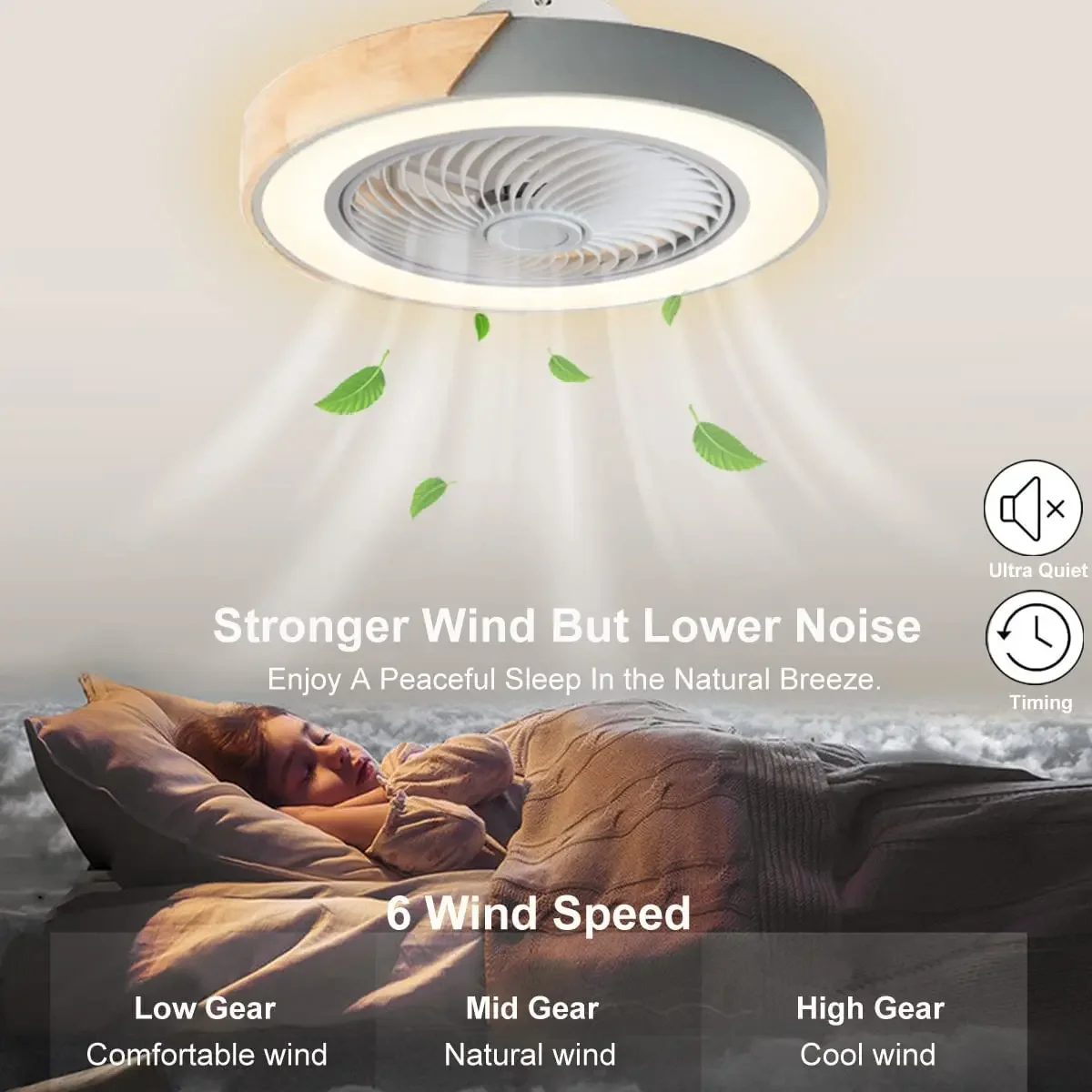 Plafonnier LED en bois avec ventilateur intégré et télécommande, design moderne, éclairage d'intérieur, lumière à intensité réglable, idéal pour un salon ou des enfants