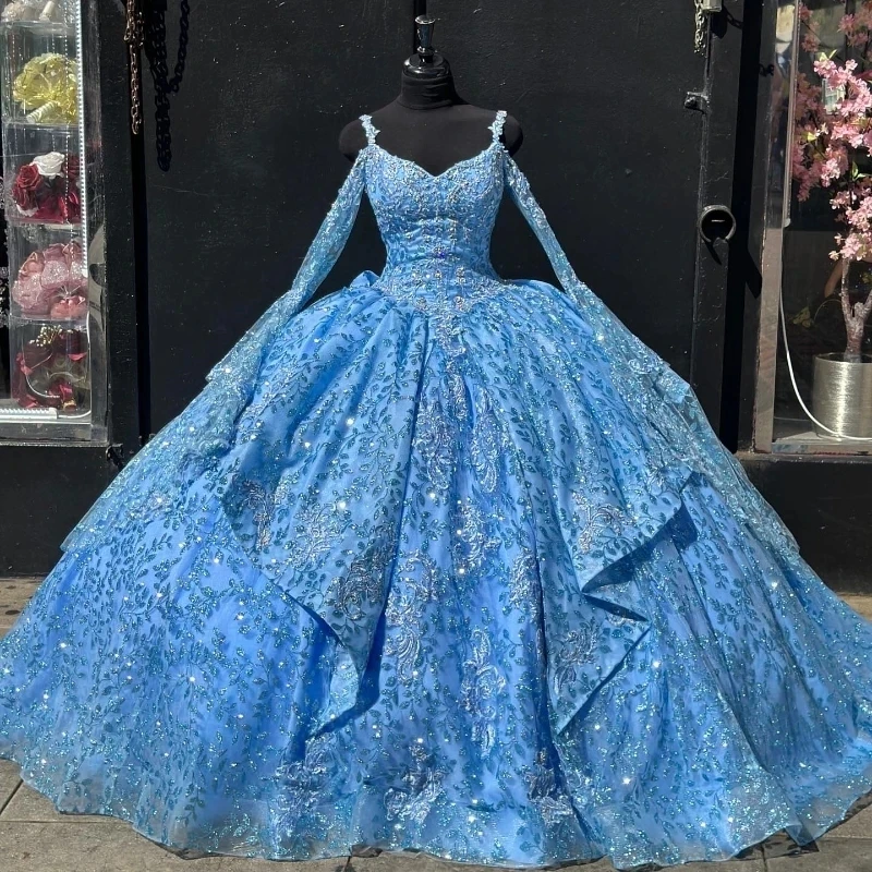 Sky Blue Shiny Quinceanera Dress Off Shoulder Beads Princess Prom Ball Gown Sweet 16 XV Years Old Miss Birthday Vestidos De 15