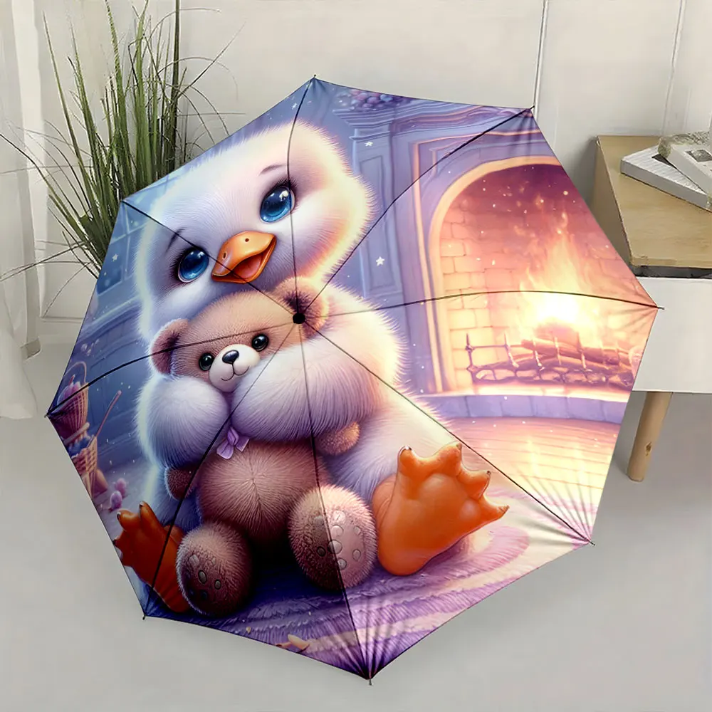 1PC Cozy Duckling and Teddy Bear Design on Umbrella Print 8 Iron Ribs Folding Umbrella Auto-Open Fashion Sunshade