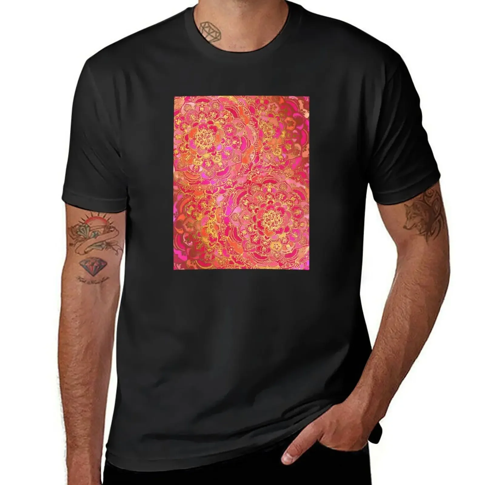 Hot Pink and Gold Baroque Floral Pattern T-Shirt sports fans customs clothes for men