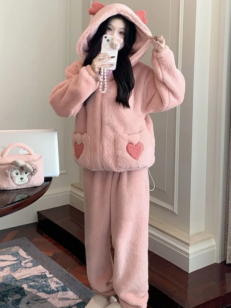 Winter Sleepwear Coral Fleece Thickening Warm Kawaii Rabbit Ear Hooded Pajama Sets Suit Sweety Pink 2 Piece Night Home Clothes