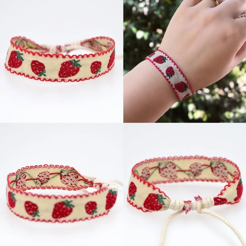 Boho Strawberry Flower Embroidered Woven Bracelet Friendship Wrap Bracelet