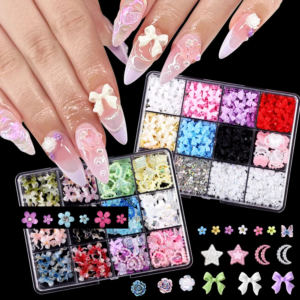 

NEW 3D Mixed Nail Rhinestone Resin Bowknot Nail Art Charms DIY Ribbon Bow Nail Jewelry Decoration Accessories 12Grids/Box