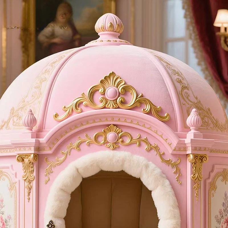 Classical pink solid wood hand-carved human pet integrated home furniture fireplace cat and dog villa cat and dog house