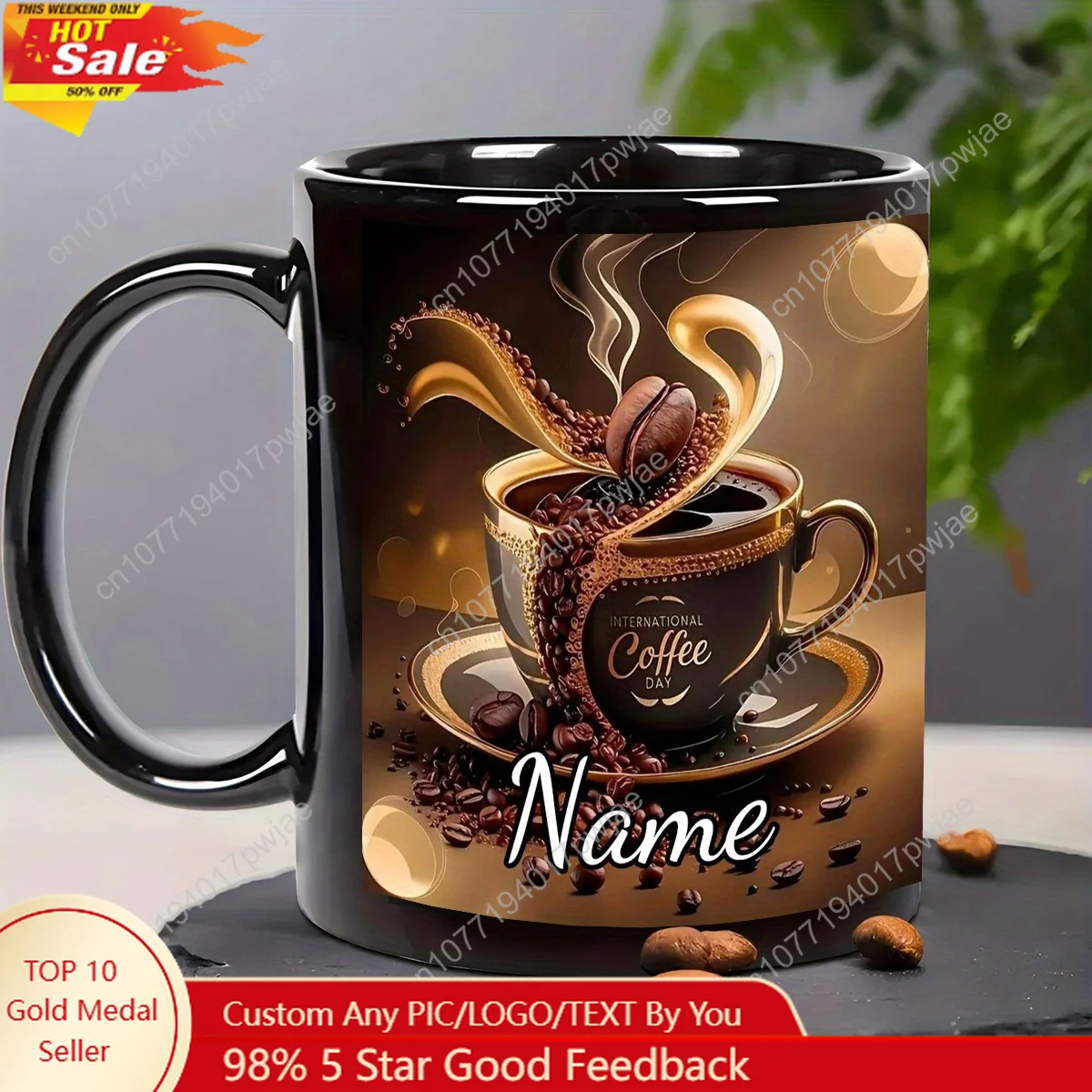 

[Personalized Coffee Mug] Personalized Coffee Mug - 1pc Custom Name/Text, Elegant Heavy-Duty Ceramic Cup with Coffee Bean Design