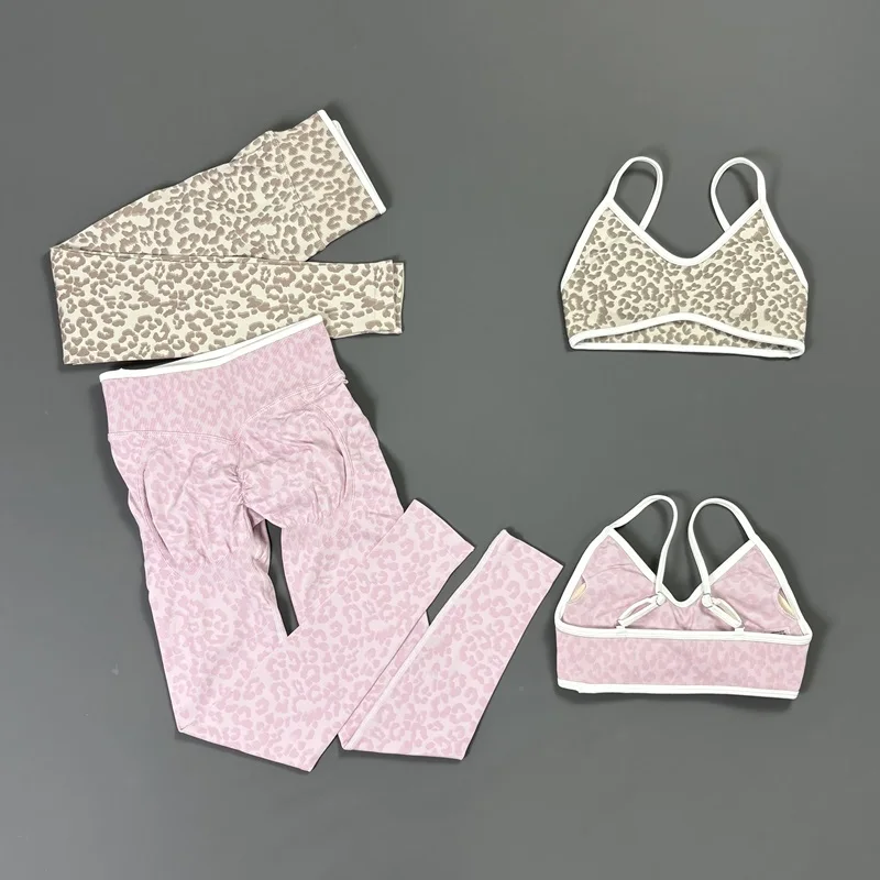 2 Pcs Fitness Sets Women Leopard Print Contrast Edge Removable Pad Bra Breathable Squat Proof Pants Suit Sports Workout Set