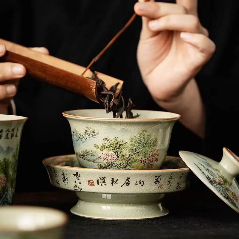 

Jingdezhen old clay mining large three talents cover bowl tea cup, single tea bowl with lid, handcrafted tea set for brewing tea