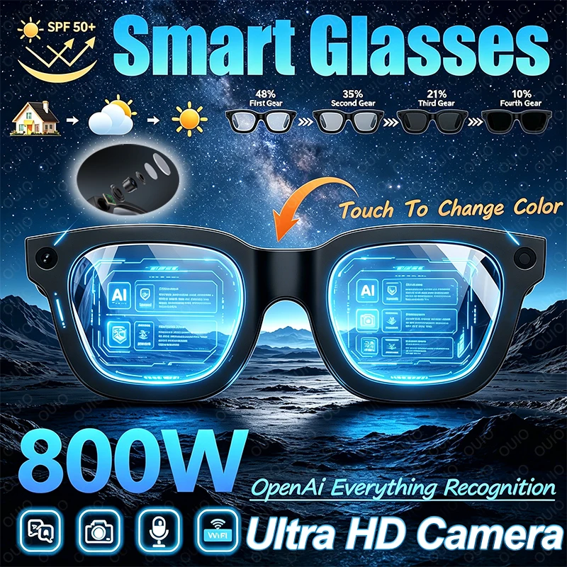 

НОВЫЕ Умные очки с ИИ, HD-камерой 800W, записью видео 1080P, Wi-Fi передачей, стабилизацией изображения, голосовым управлением ИИ, сенсорным управлением и фотохромными линзами