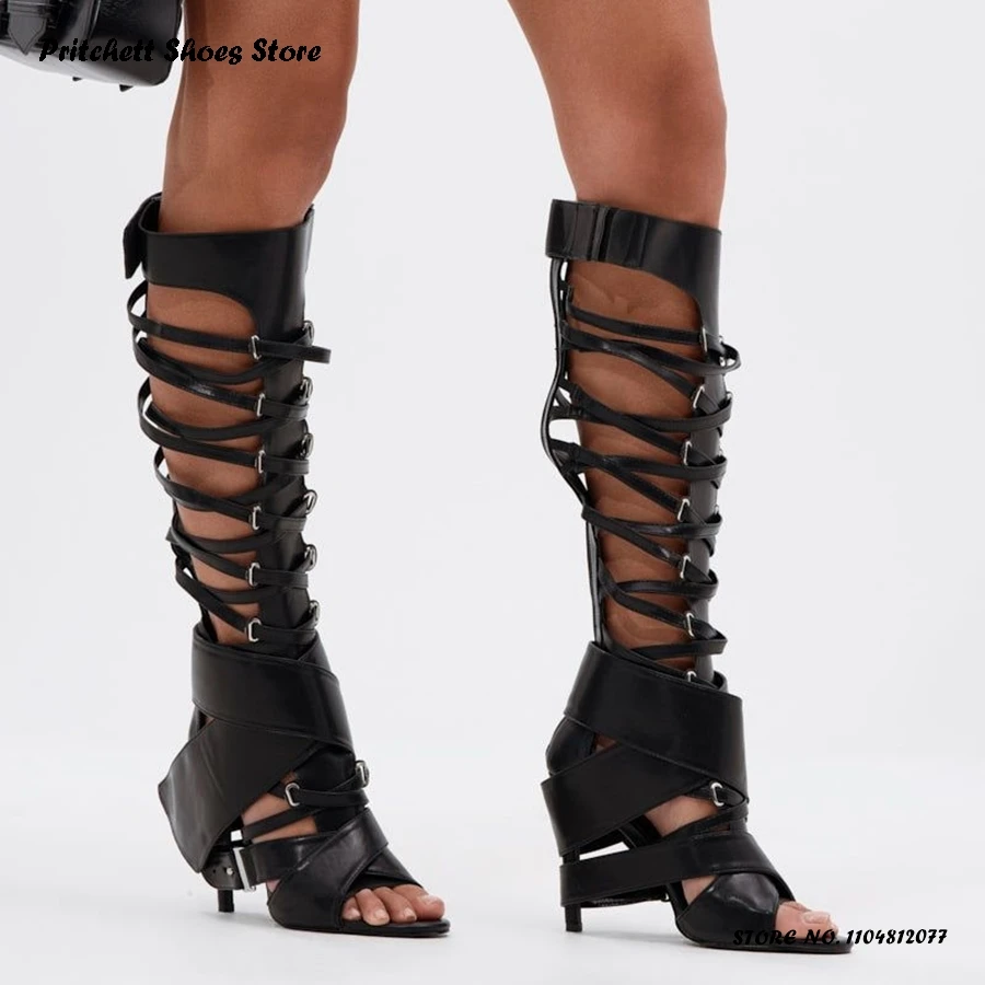 

Женские сандалии-гладиаторы до колена, трендовые летние ботинки с пряжкой на молнии сзади, круглые туфли на тонком каблуке с открытым носком, туфли на шпильке