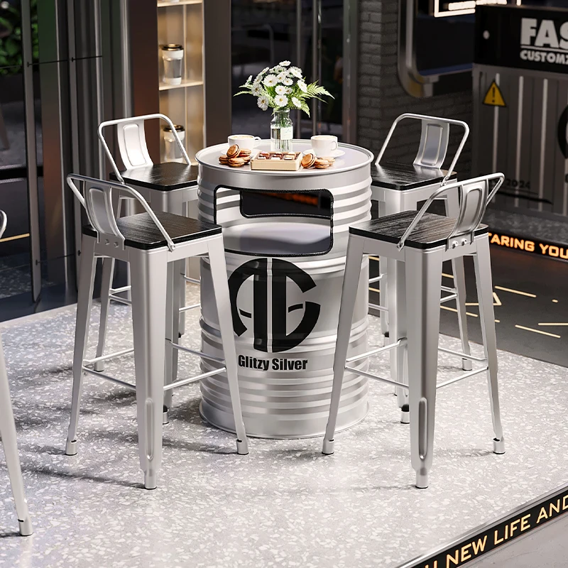 ‌Industrial Bar Table Set | Metal Stool with Oil Drum Base for Cafe & Pub - Rustic Iron Bistro Counter Height Chairs