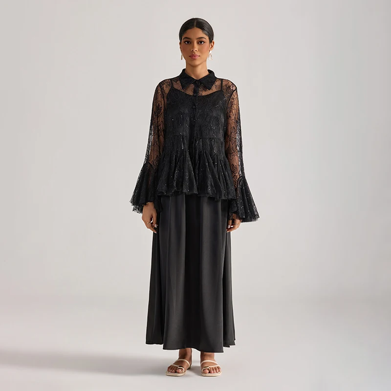 Elegant Lace Sleeve Blouse And Long Skirt Set with Suspenders Spring Fashion Women's Ensemble Two-Piece Set Spring Season