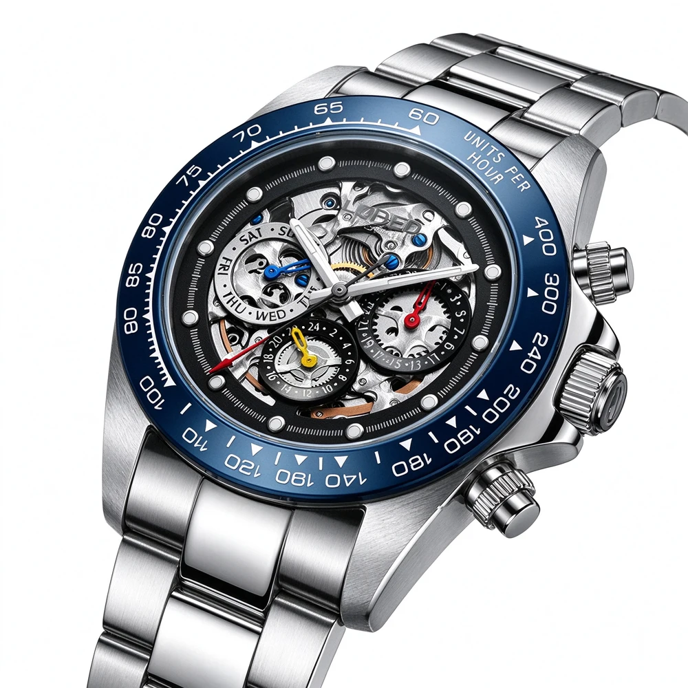 LOREK Men Automatic Watch Skeleton Dial Blue Tachymeter Bezel Week Date Stainless Steel Bracelet Mechanical Wristwatch Reloj