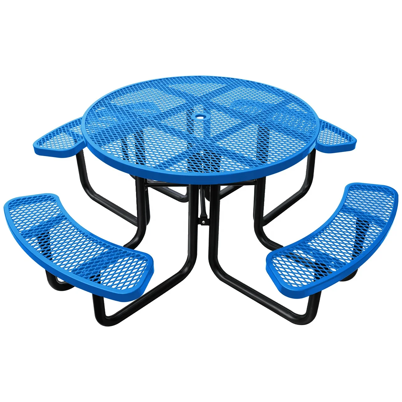 Outdoor Commercial Expanded Metal Round Picnic Dining Table Garden Furniture Set Steel Outside External Cafe Table With Bench
