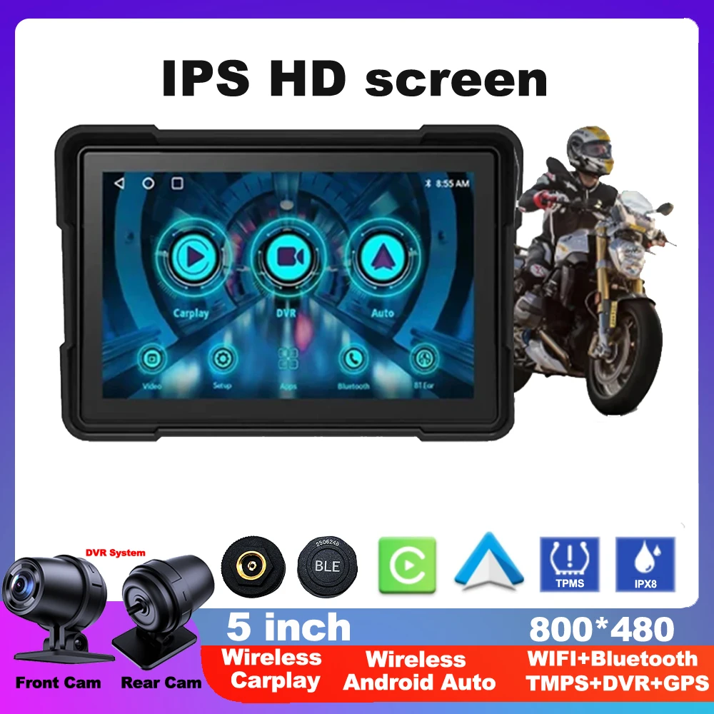 

5 inch For Motorcycle Navigation Apple Carplay Display Screen Portable Motorcycle Wireless Android Auto Monitor DVR WIFI TMPS