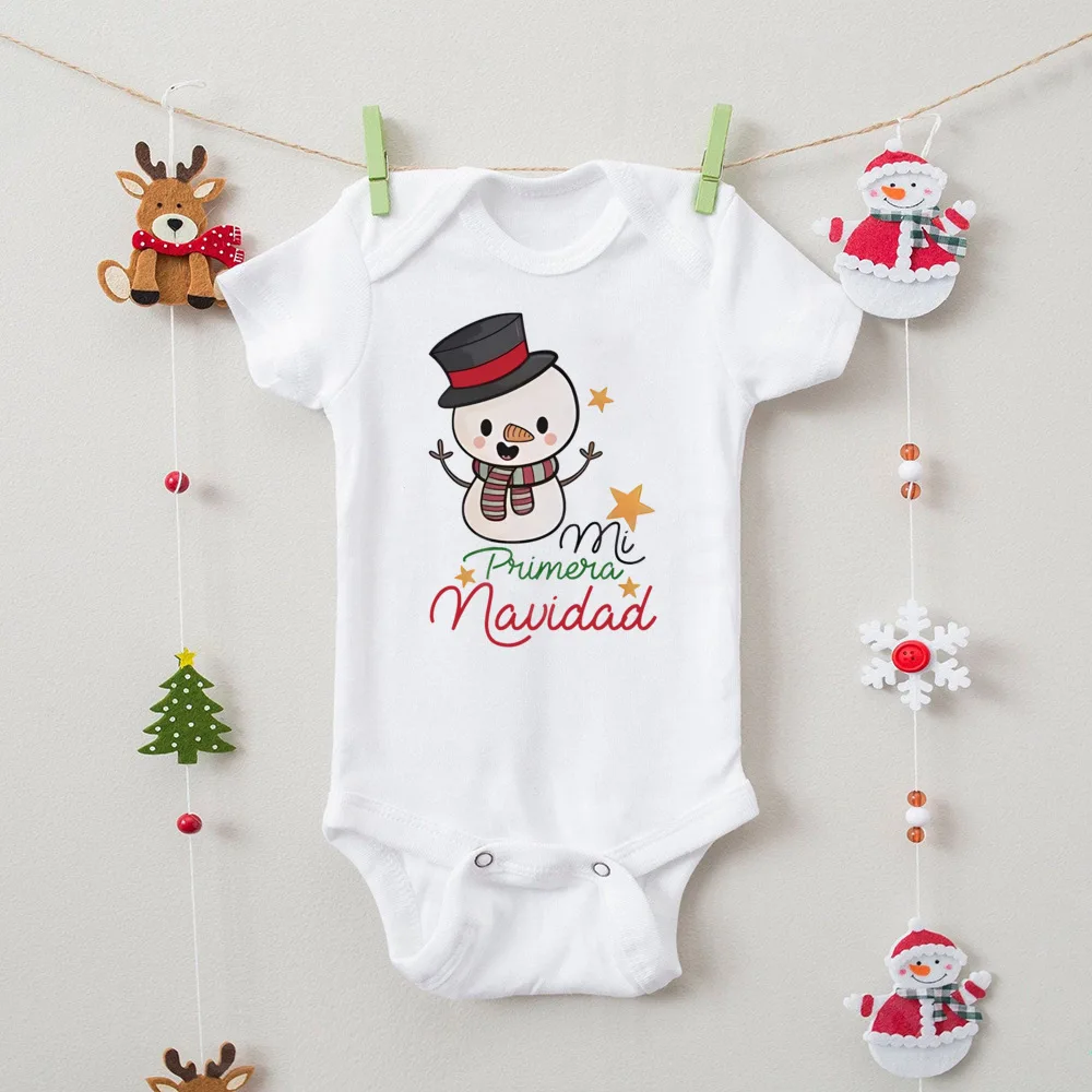 My First Christmas Spanish Printed Newborn Bodysuit Infant Baptism Outfits Baby Short Sleeve Romper Toddler Xmas Party Clothes