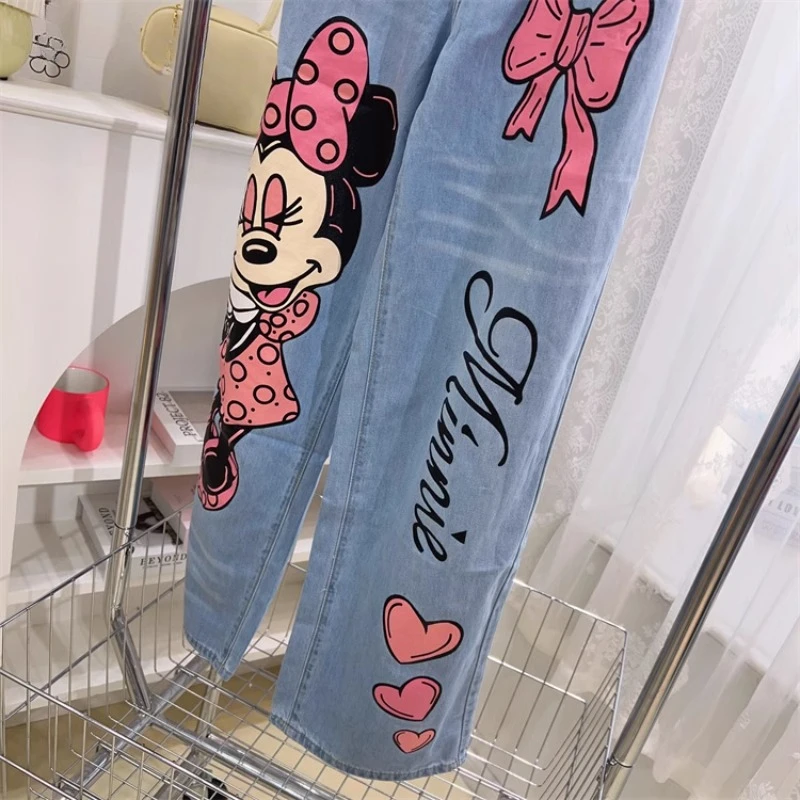 2024 Summer New Thin Loose Elastic Back Waist Sweet Cute Cartoon Printed Wide Leg Jeans Dla kobiet Kawaii Baggy Denim Trousers