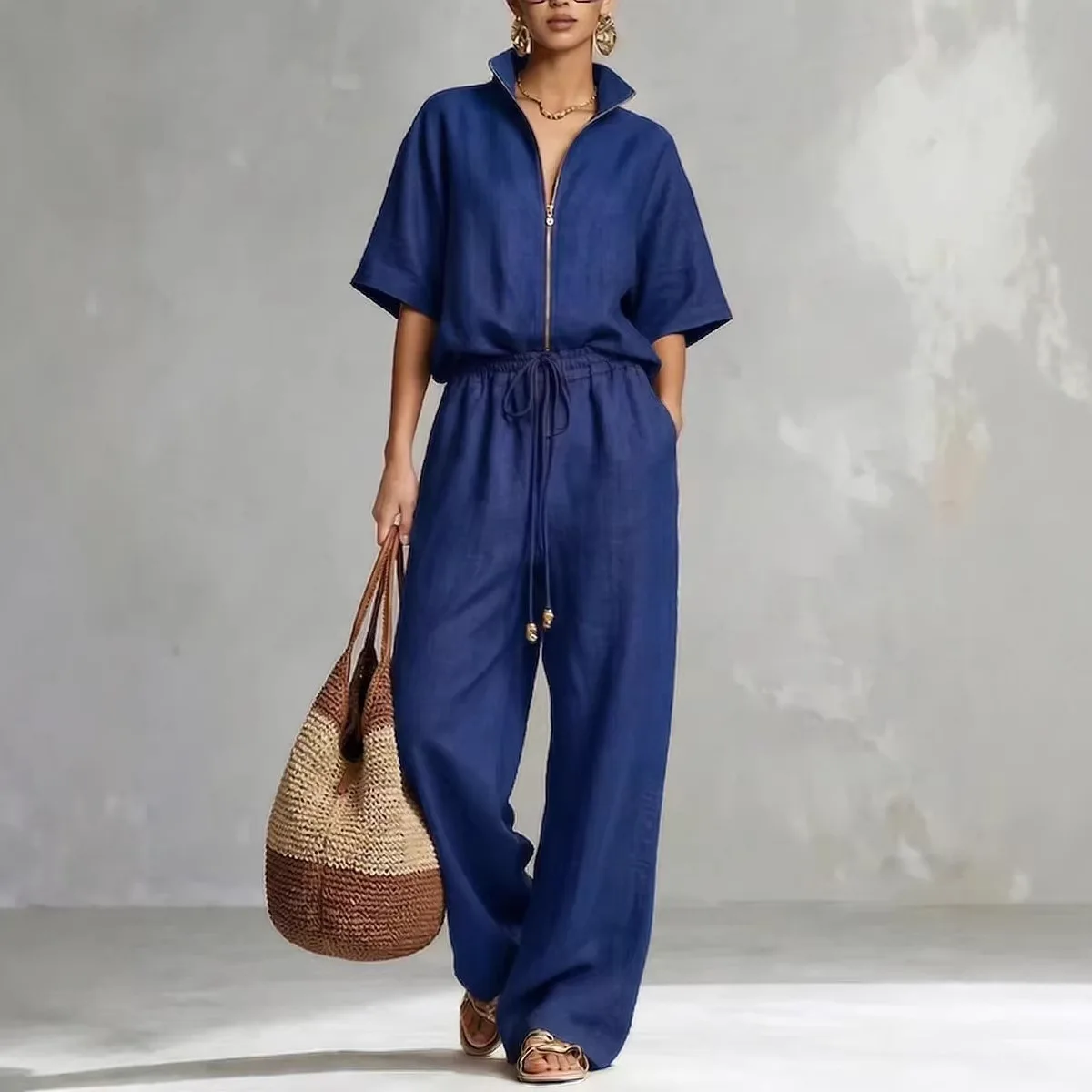 Women's Zip Stand Collar Short Sleeve Top Drawstring Wide Leg Pants Two Piece Set Casual Versatile Daily Commute Matching Outfit