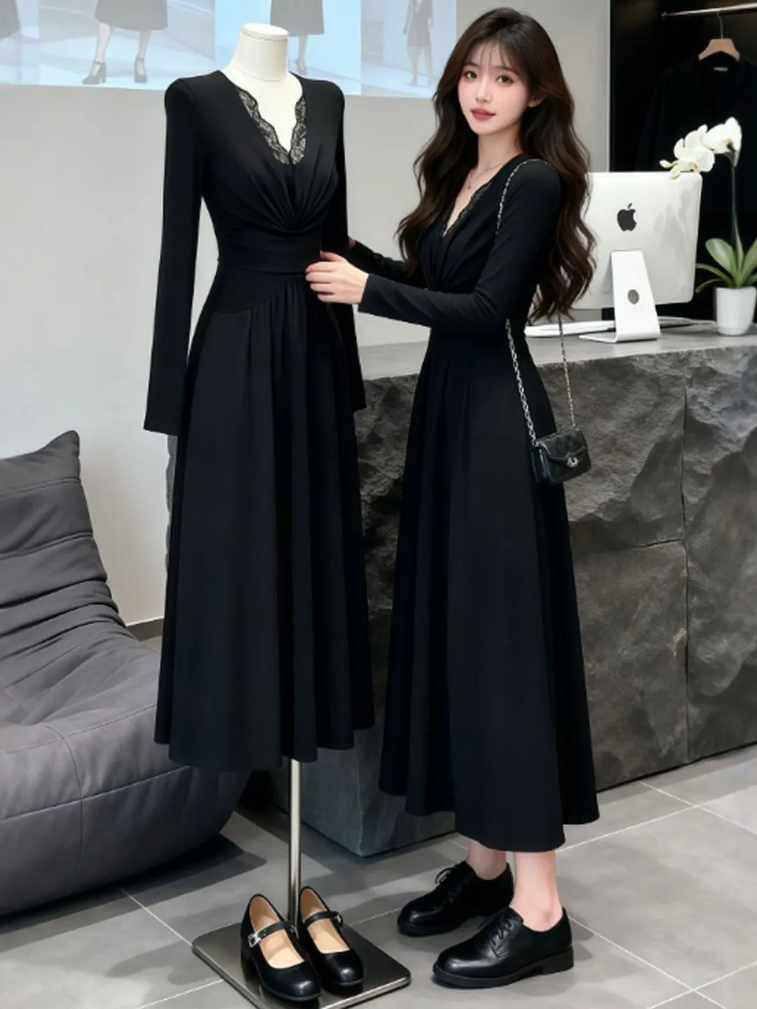 

Платье макси Hebe Slim Fit с V-образным вырезом, приталенное, с кружевными вставками, средней эластичности, весеннее, в французском стиле