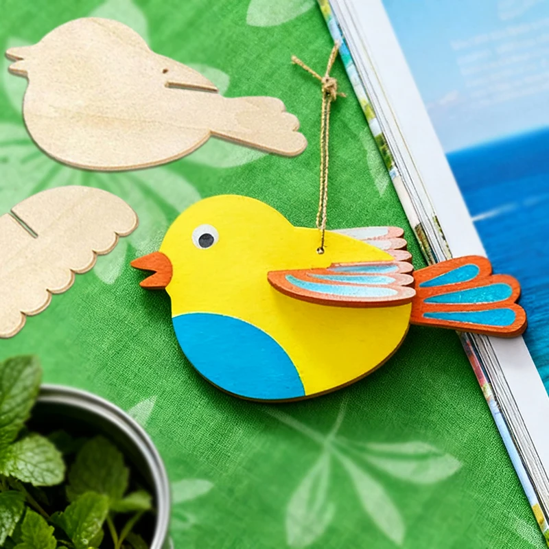 5pcs Unfinished Wooden Ornaments - Blank Wooden Bird Hanging Decorations, Colorful Painted Design (with Hemp Rope)