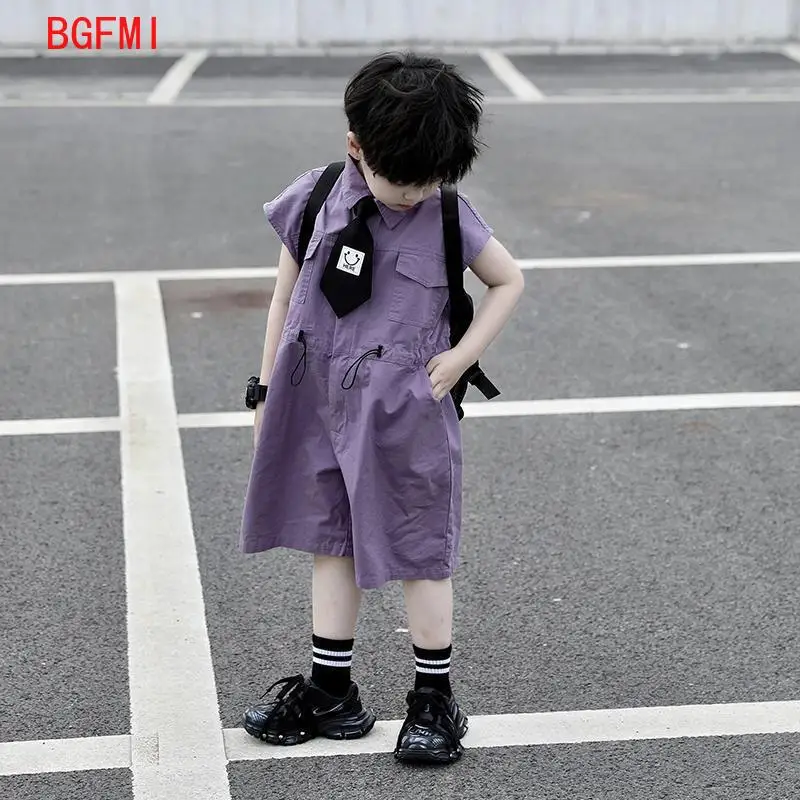 Kids Summer Shorts Overalls Capri Boys Purple Pants and Tie Clothes Boy Baby Jumpsuit 1-10Y Short Sleeved Children's Clothing view 4